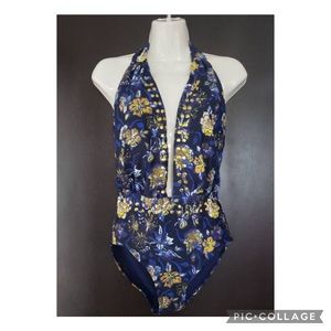 YMI Swimwear One Piece Studded Floral Halter Suit